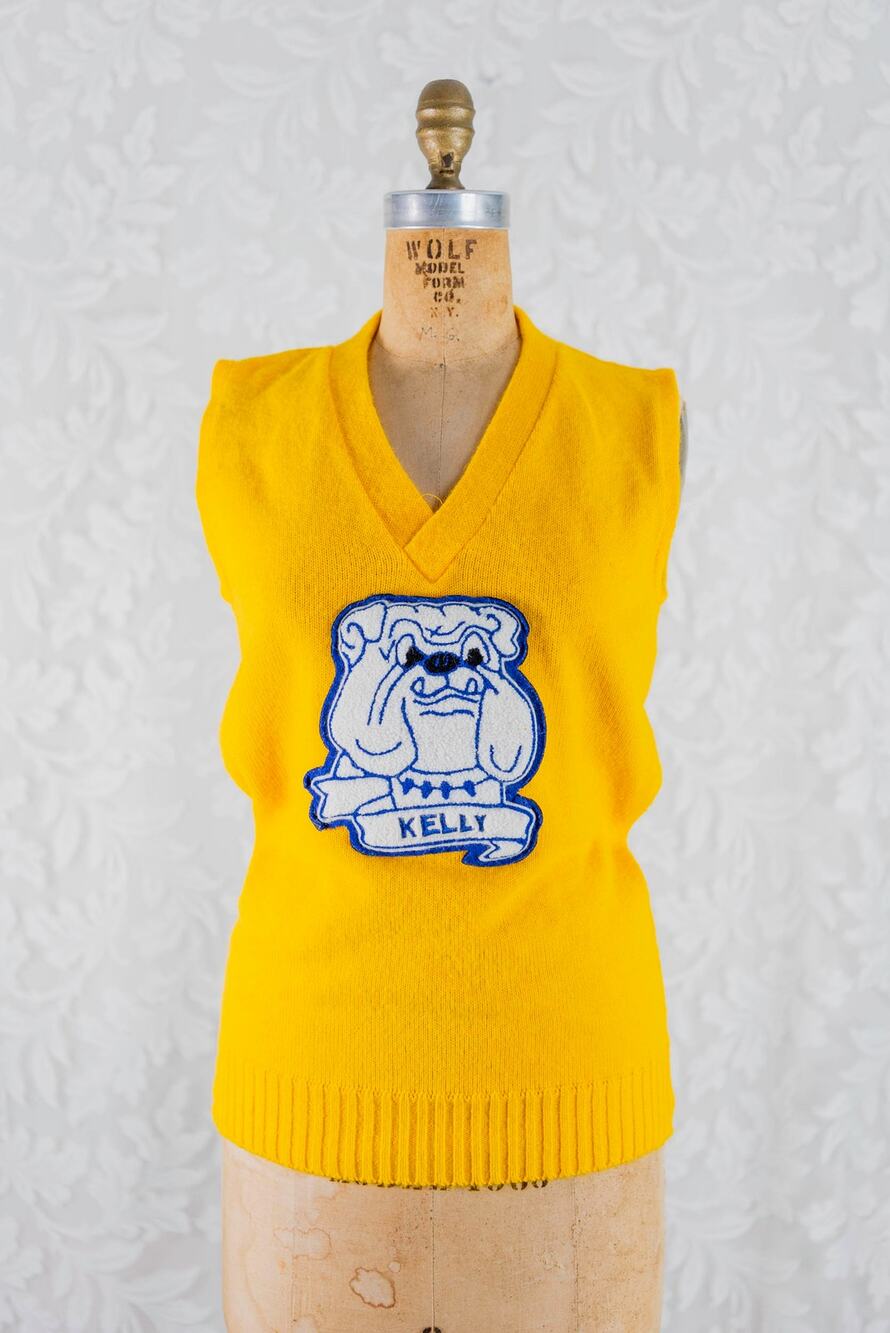 Vintage 60s Kelly Stacy Bulldogs Cheerleader Sweater Vest Yellow Varsity School